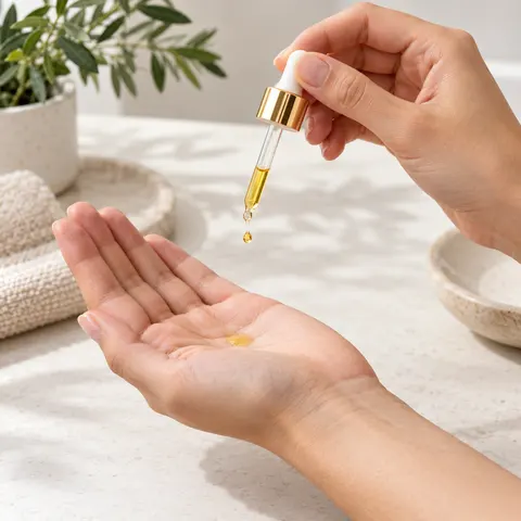 Illustration of a small drop of cosmetic oil dispensed into a palm without the pipette touching skin