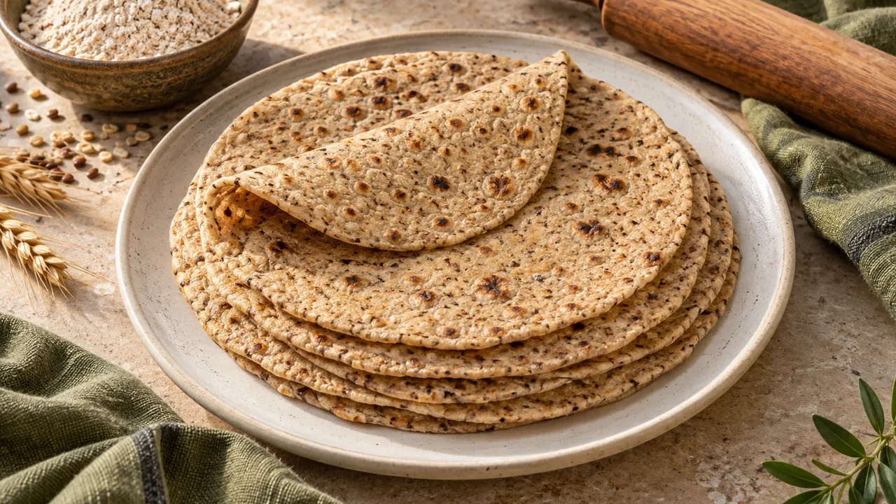 Illustration of thin multigrain rotis stacked on a plate, with one folded roti