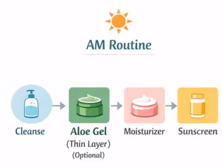 Morning routine: cleanse, optional aloe gel, moisturiser and sunscreen