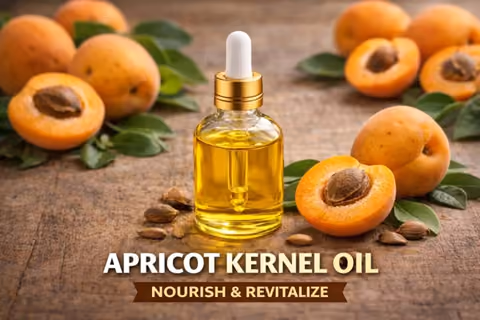 Apricot kernel oil illustration with a dropper bottle and apricot halves