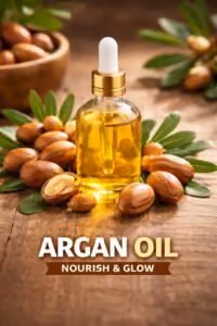 Argan oil illustration with a dropper bottle and kernels