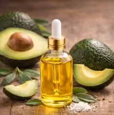 Avocado oil illustration with a dropper bottle and avocado halves
