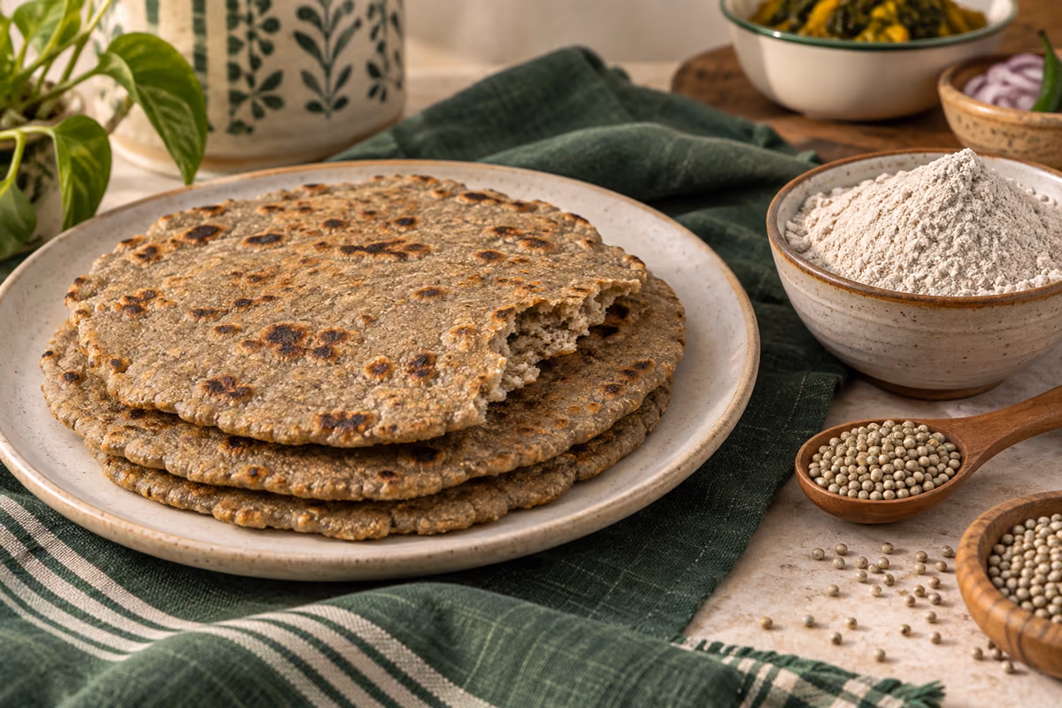 Illustrative serving suggestion: rustic bajre ki roti with pearl millet flour and grains