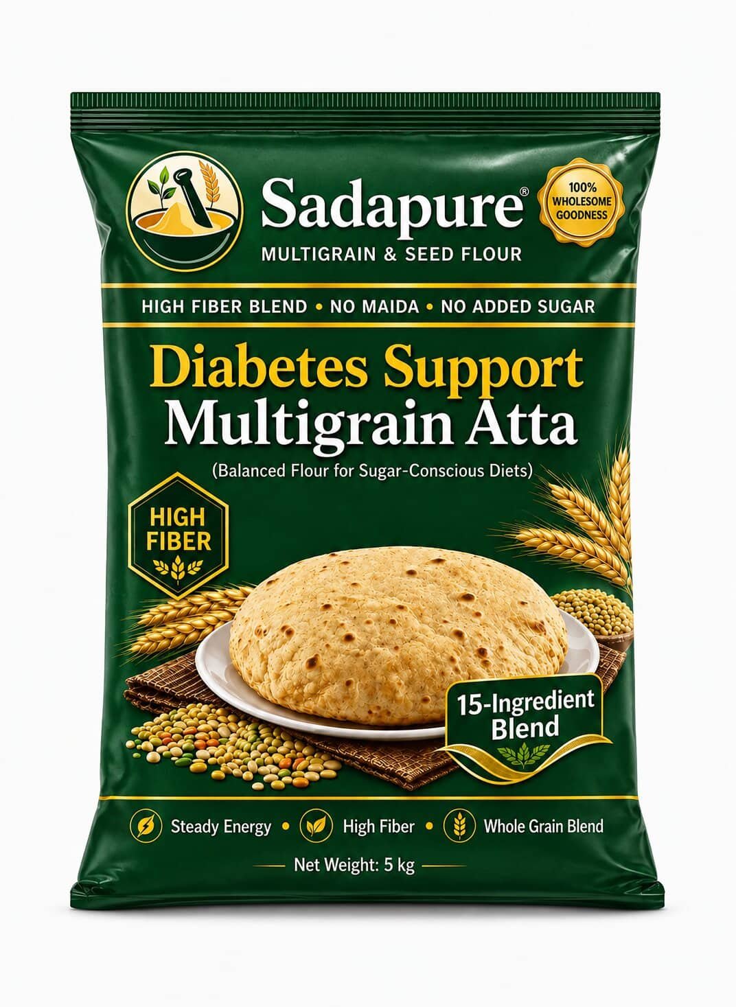 Diabetic Multigrain Atta (ذیابیطس ملٹی گرین آٹا), 15 Grain Stone Ground Flour for Sugar Patients