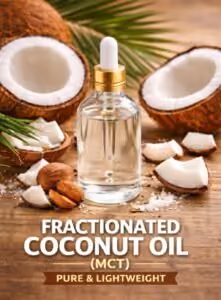 Fractionated coconut oil illustration with a dropper bottle and coconut halves