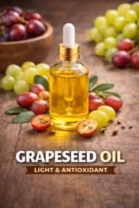 Grapeseed oil illustration with a bottle and bunches of grapes