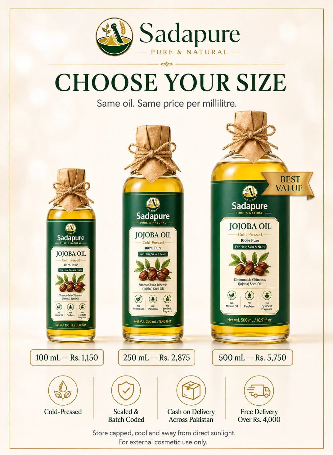 Jojoba Oil (جوجوبا آئل) — 100% Pure Cold-Pressed for Face, Hair, Beard & Nails