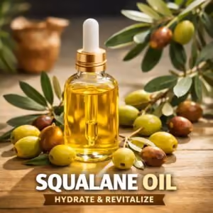 Squalane oil illustration with a dropper bottle and olives