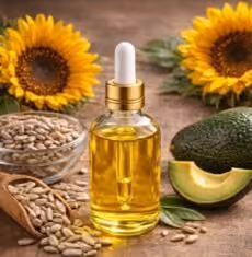 Sunflower seed oil illustration with a dropper bottle, sunflower and seeds