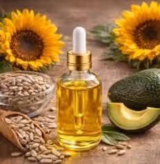 Sunflower seed oil illustration with a dropper bottle, sunflower and seeds