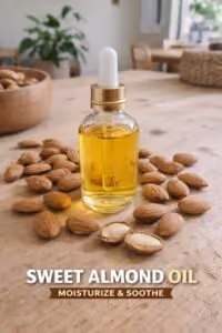 Sweet almond oil illustration with a dropper bottle and almonds