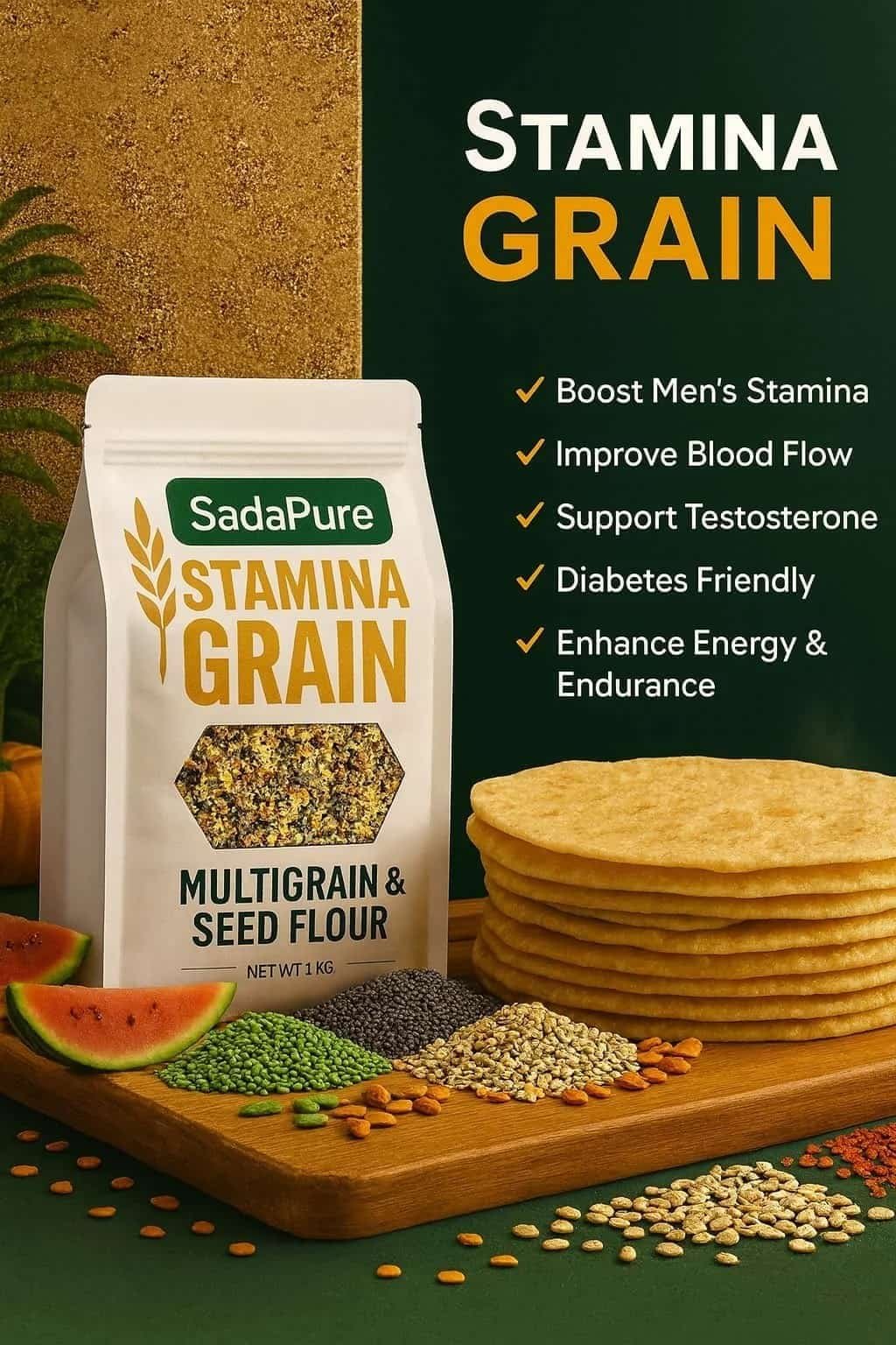 SadaPure Men’s Stamina Booster Multigrain Atta (Flour) 5KG