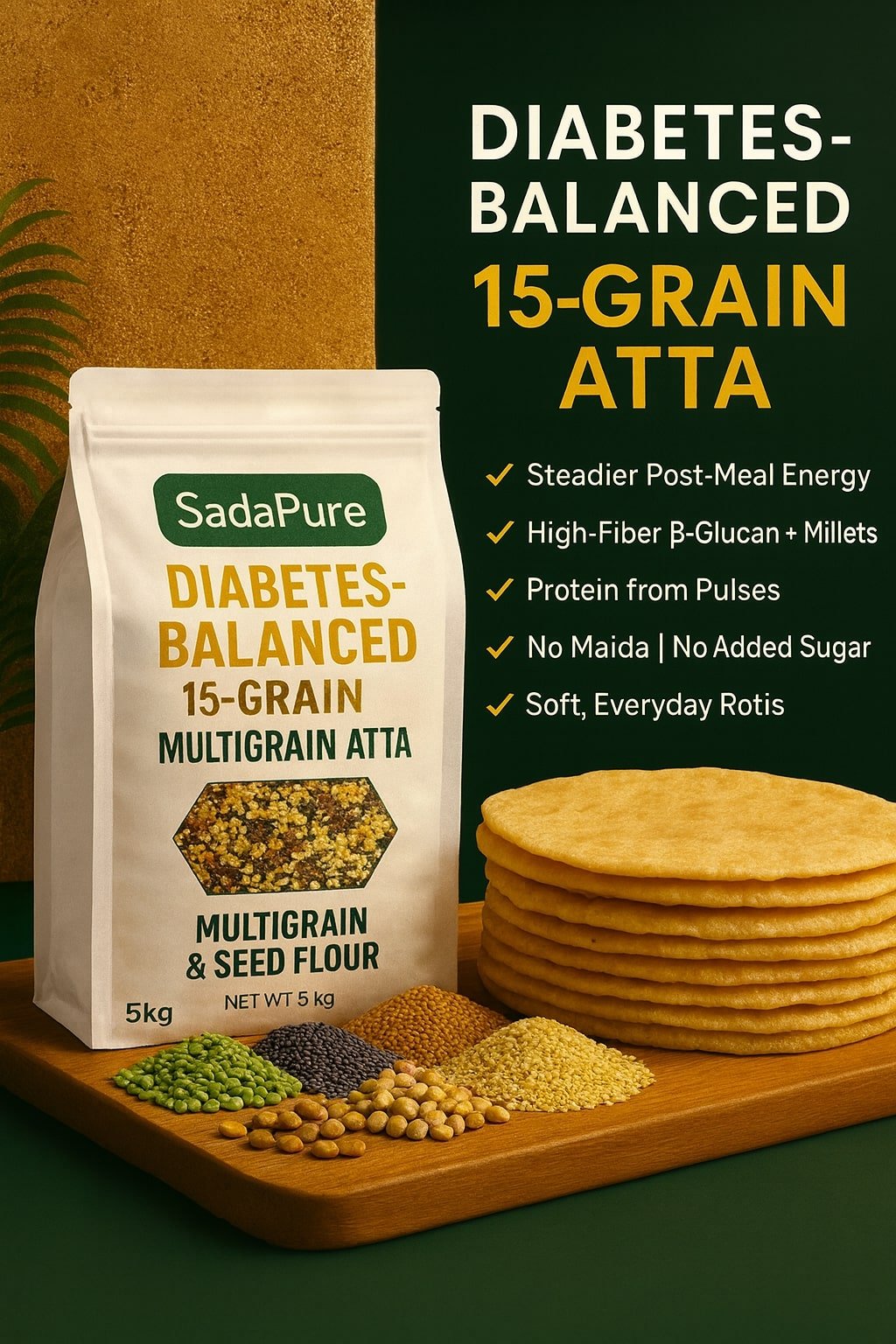 15-Grain Multigrain Atta (Diabetes-Balanced Flour) – 5 kg | Supports Steady Energy & Satiety