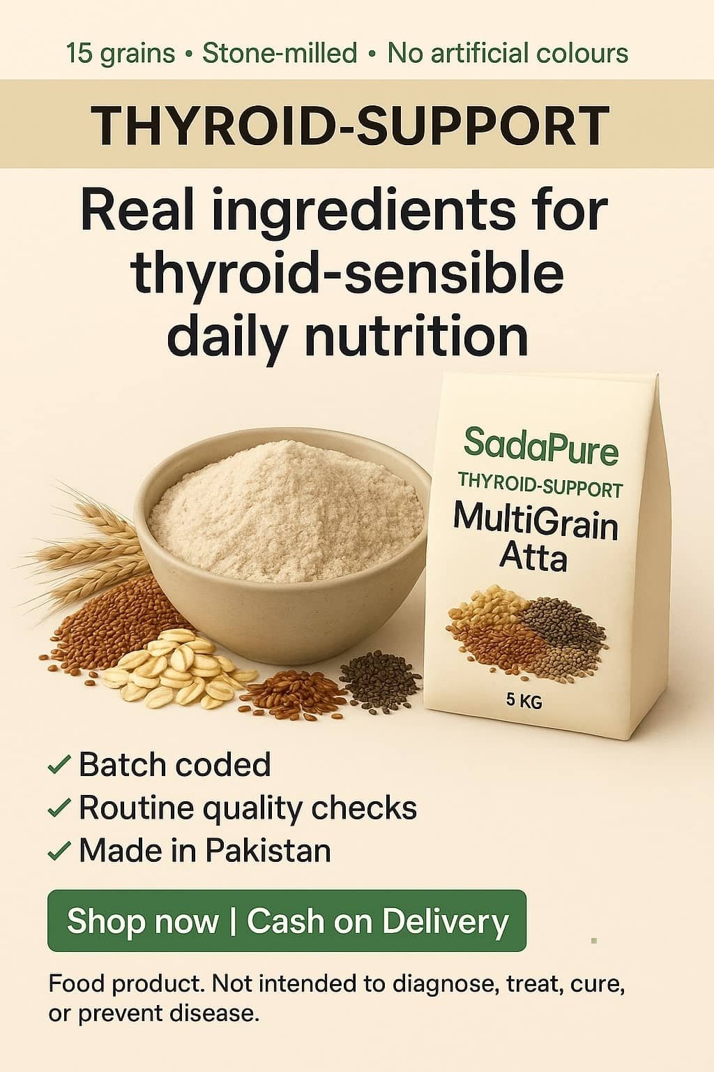 Multigrain Flour (Atta) for Thyroid Patients - (5 KG) Bag - 15-Grain & Seed Blend