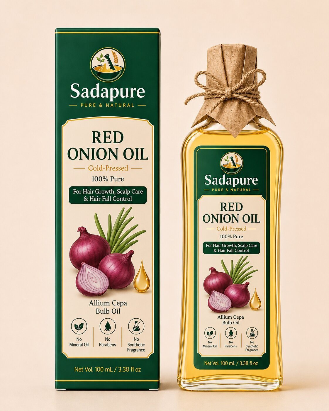 Sadapure Red Onion Oil bottle for hair growth and scalp massage